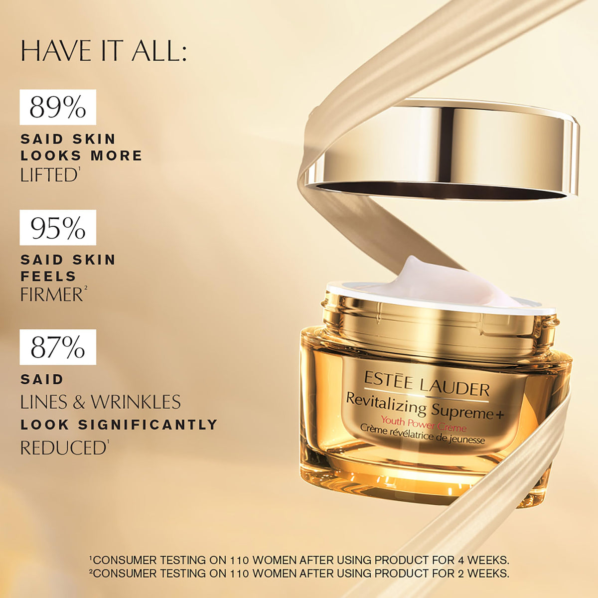 Crème Revitalisante Suprême+ Estée Lauder sur une table de maquillage