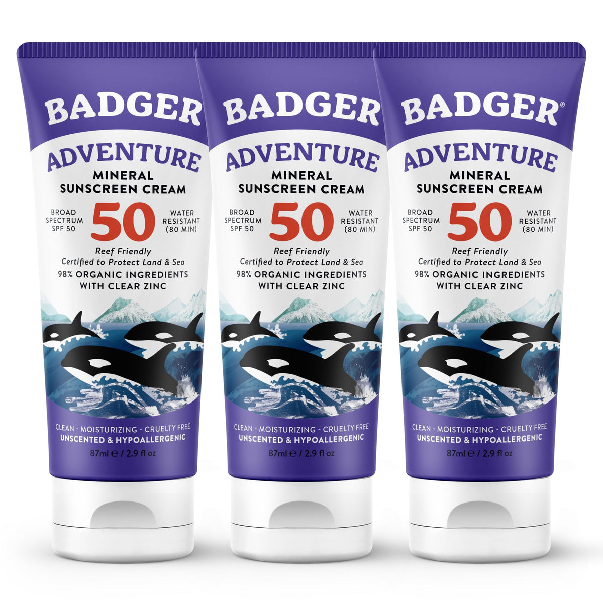 Crème solaire Badger SPF 50 vue de face dans son tube