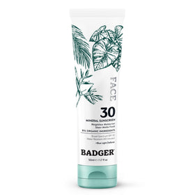 Crème solaire minérale Badger SPF 30 vue avant avec tube blanc