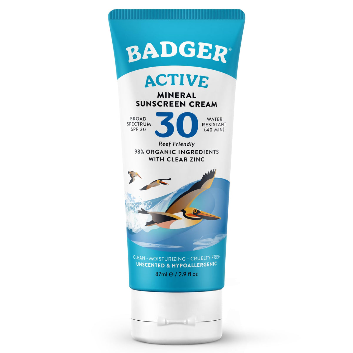 Crème solaire minérale Badger SPF 30 vue avant avec tube de 2,9 fl oz