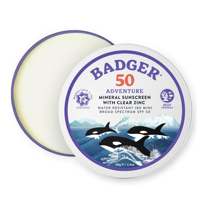 Crème solaire minérale Badger SPF 50 en boîte recyclable de 100g