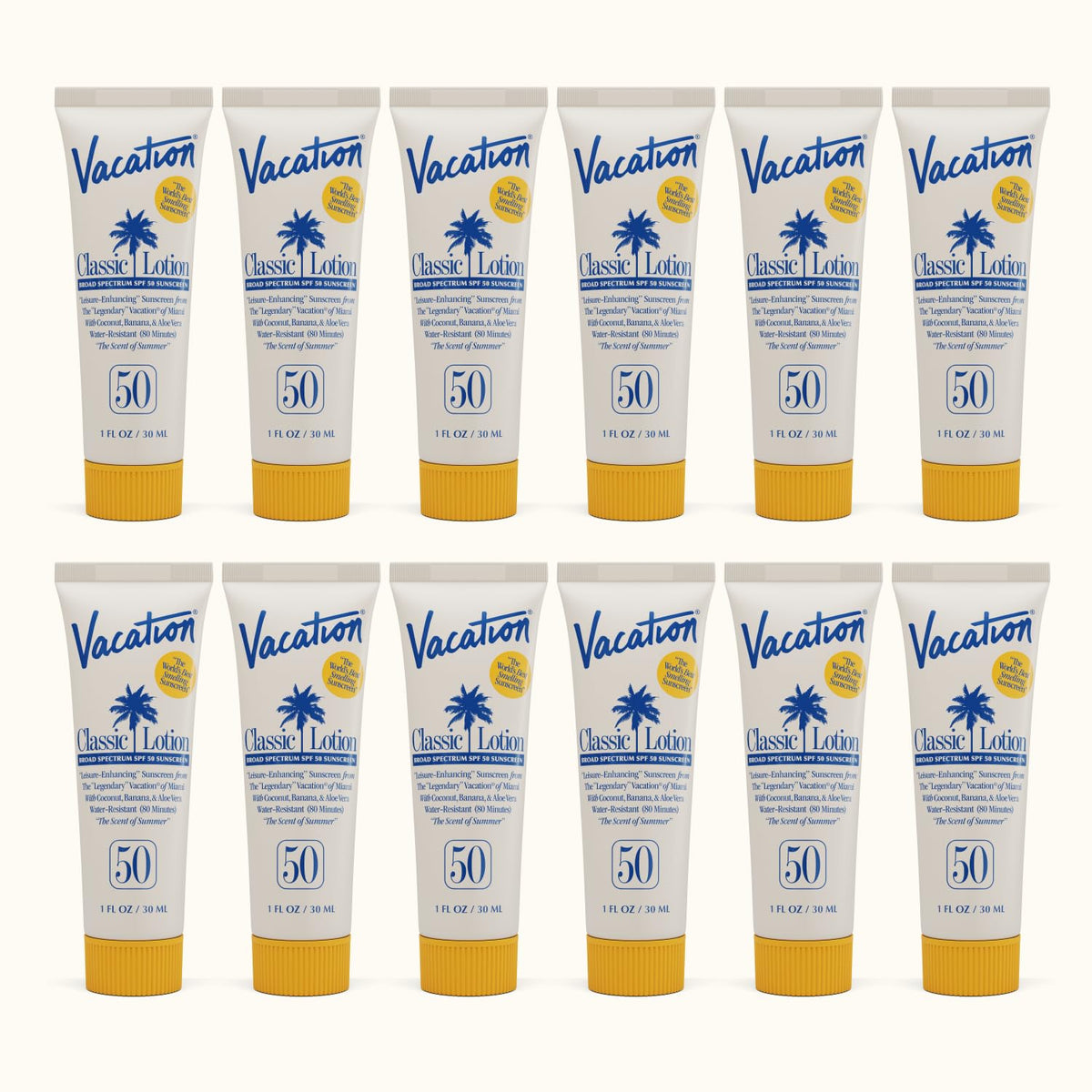 Crème solaire mini SPF 50 VACATION vue de face avec packaging