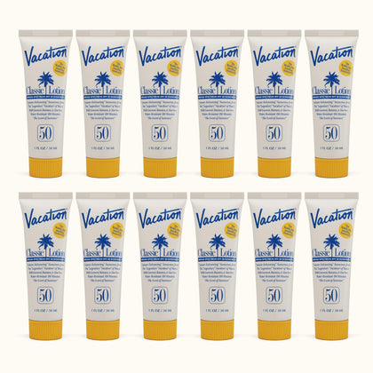 Crème solaire mini SPF 50 VACATION vue de face avec packaging