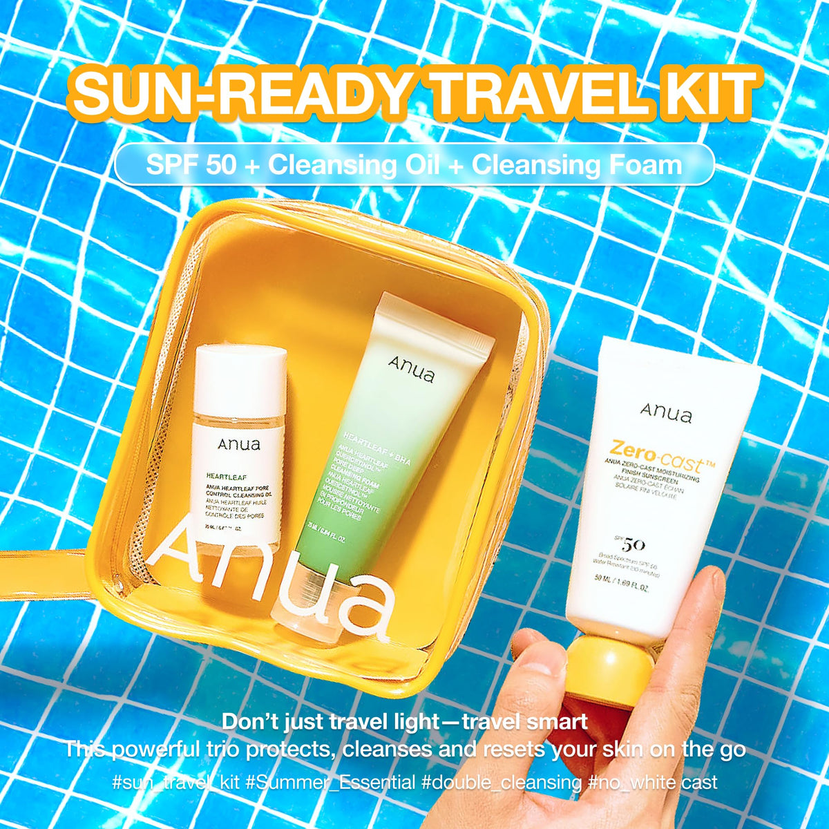 Crème solaire SPF 50 ANUA dans le kit de voyage