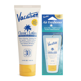 Crème solaire VACATION SPF 30 vue avant avec packaging coloré
