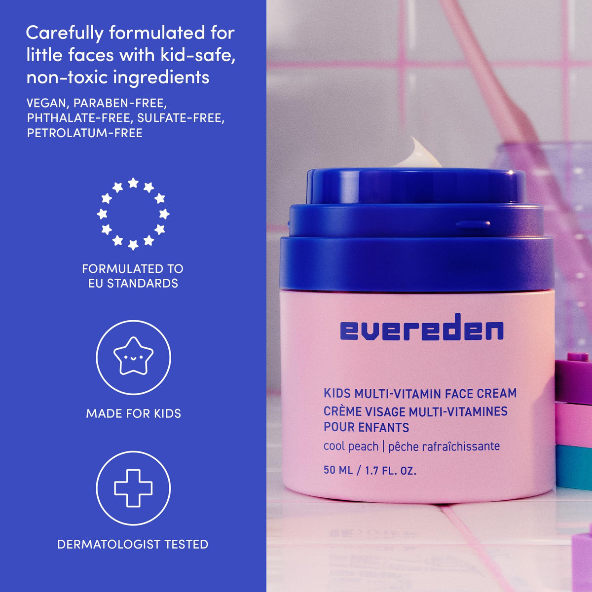 Crème visage Evereden pour enfants, parfum pêche, côté du flacon