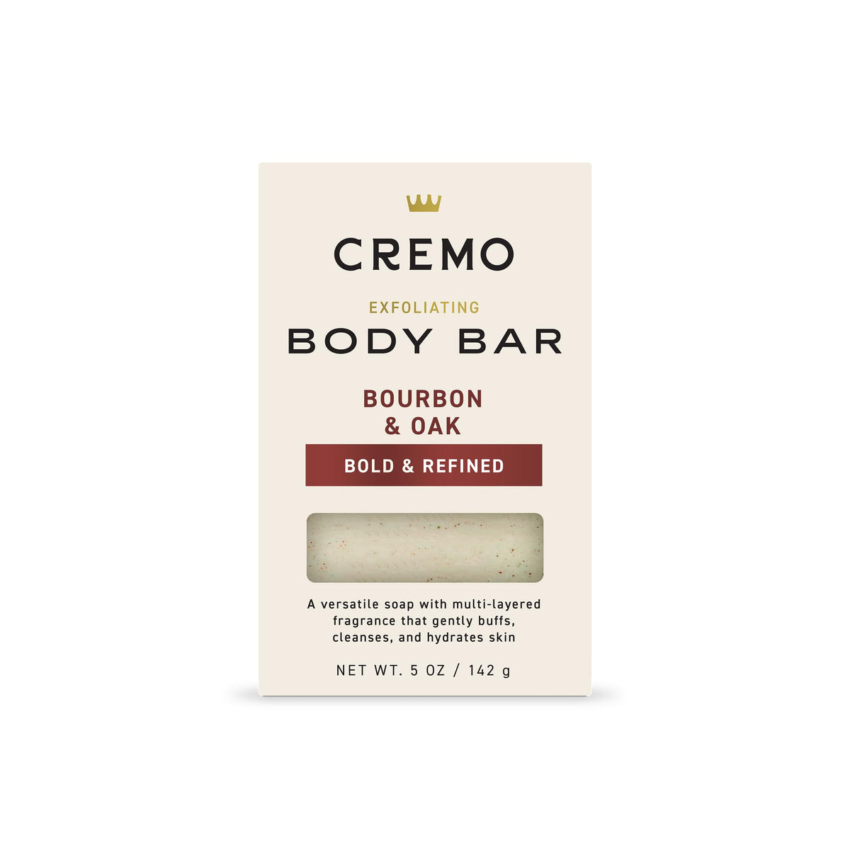 Cremo Savon Exfoliant Bourbon & Chêne vue avant avec emballage