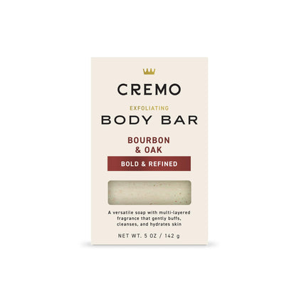 Cremo Savon Exfoliant Bourbon & Chêne vue avant avec emballage
