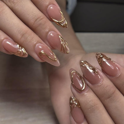 CTTHNBD faux ongles amande dorés avec design à stries