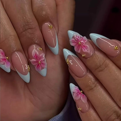 CTTHNBD Faux Ongles Press On Amande 24pcs Bleu French Tip vue de face