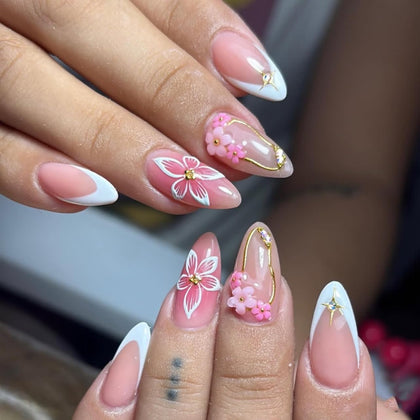 CTTHNBD faux ongles pressés en amande avec design fleurs