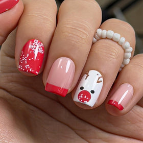 CurvLife faux ongles courts press-on rouge renne Noël vue de face