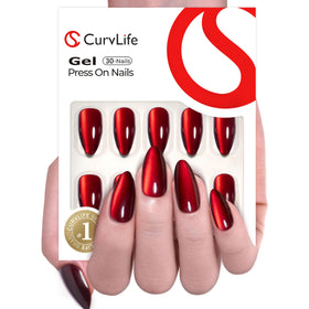 CurvLife Faux Ongles Longs Amande Rouge Cat Eye en gel, vue frontale