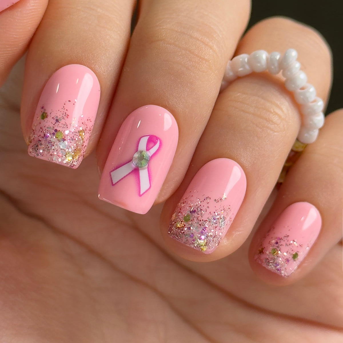 CurvLife faux ongles press-on en gel souple rose paillettes, vue avant