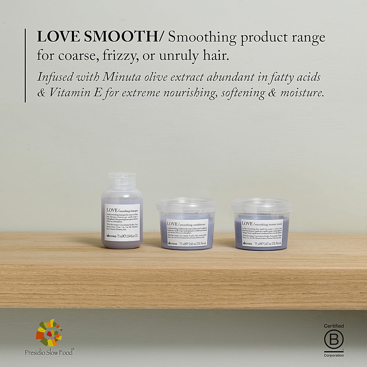 Davines LOVE SMOOTHING Shampoo 91g en situation sur un lavabo