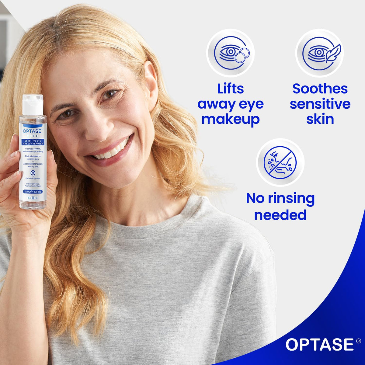 Démaquillant Optase pour yeux sensibles 100 ml en usage sur un visage