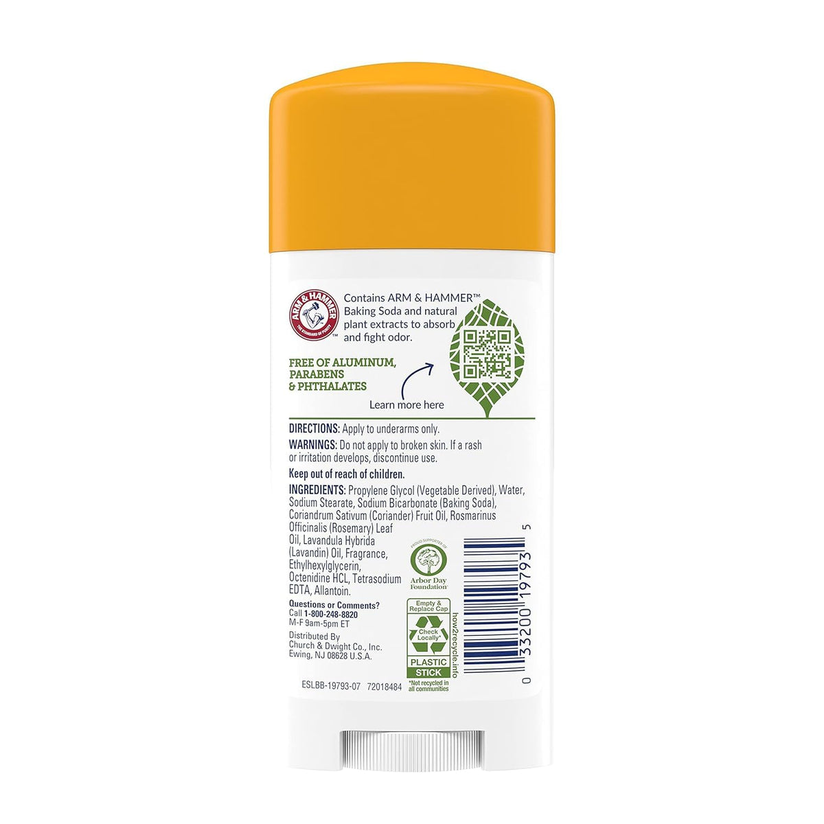 Déodorant Arm & Hammer 110g vue arrière avec ingrédients