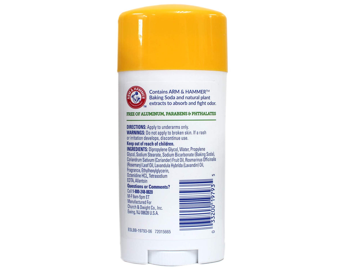Déodorant Arm & Hammer 2,5 oz arrière avec ingrédients