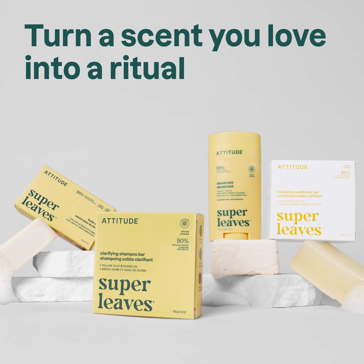 Déodorant ATTITUDE 100g, mise en scène sur une salle de bain moderne