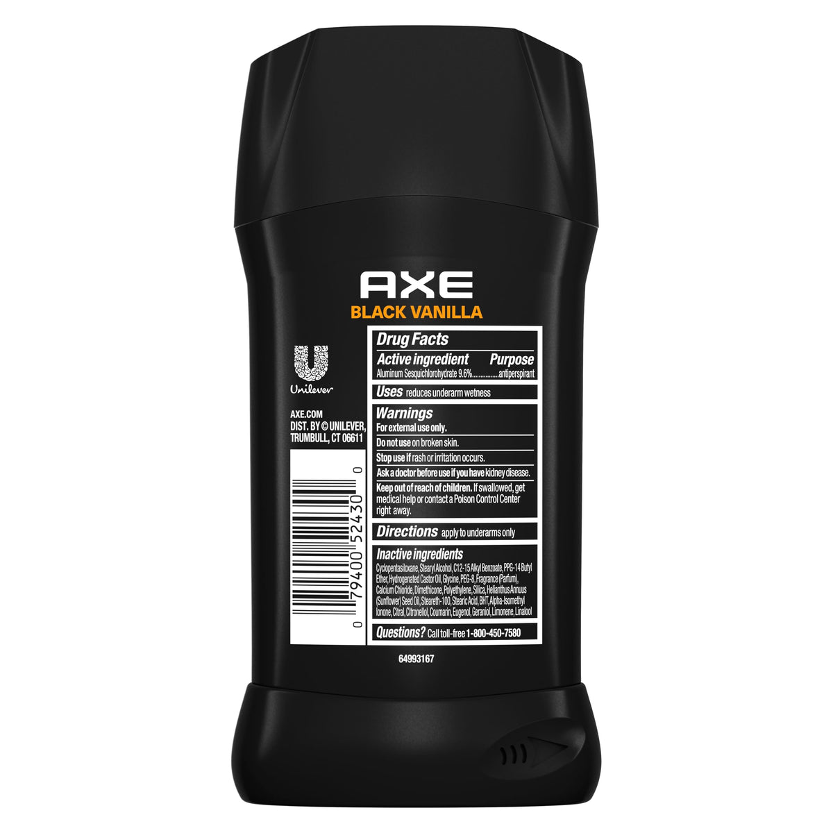 Déodorant AXE Black Vanilla 110g vue arrière avec ingrédients listés