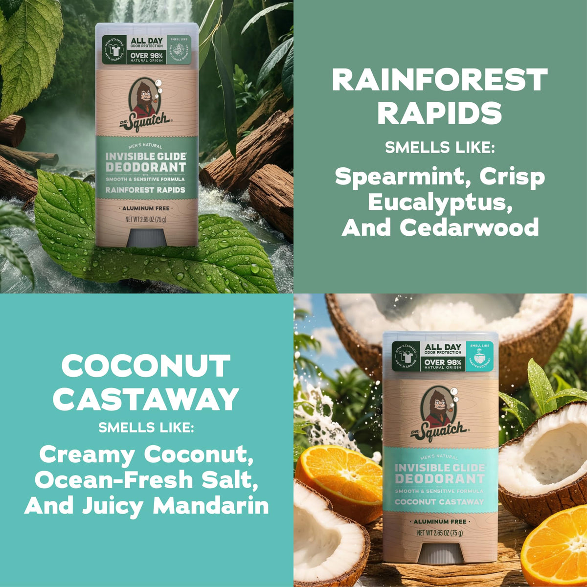 Déodorant Dr. Squatch Coconut Castaway et Rainforest Rapids