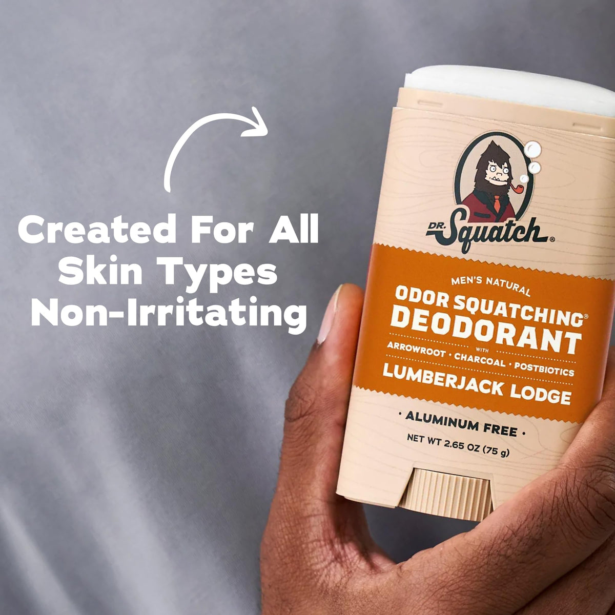 Déodorant Dr. Squatch stick avec une main tenant le produit