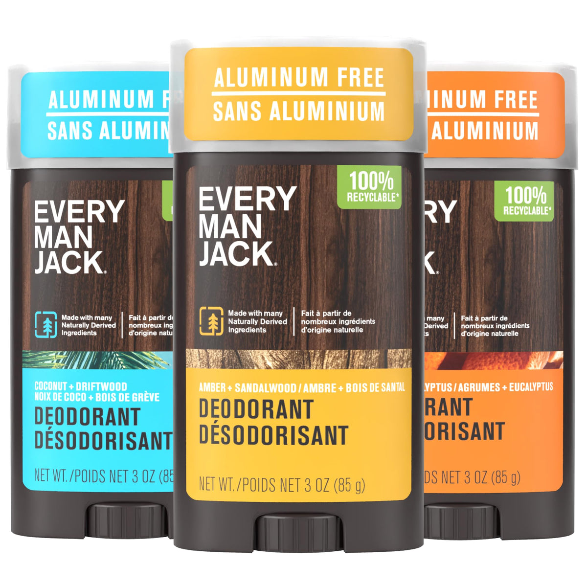 Déodorant Every Man Jack 3-pack vue avant avec trois parfums distincts
