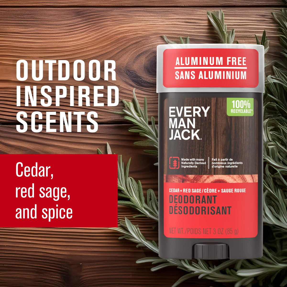 Déodorant Every Man Jack Cèdre et Sauge Rouge 3pk, flacon ouvert