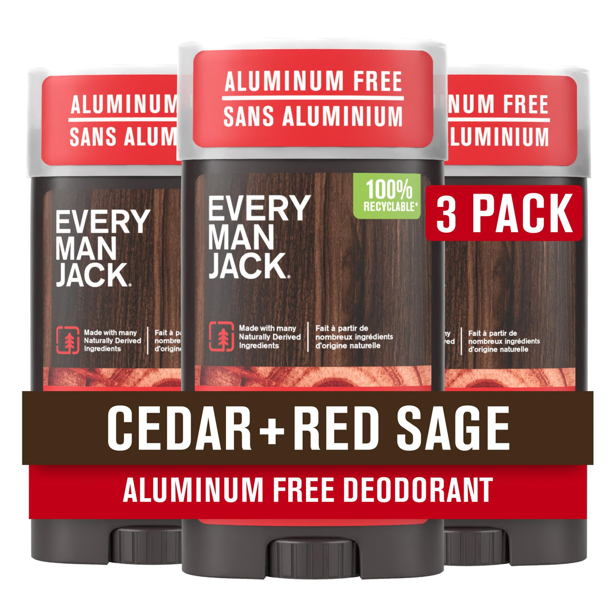Déodorant Every Man Jack Cèdre et Sauge Rouge 3pk, vue avant
