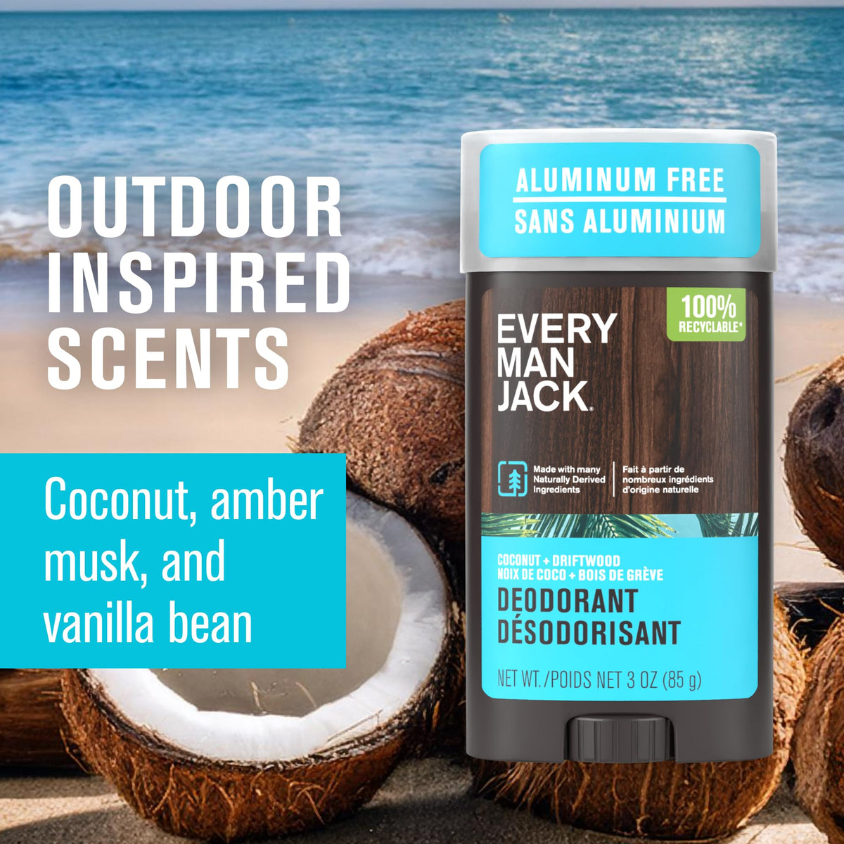 Déodorant Every Man Jack posé sur une surface en bois avec des éléments naturels