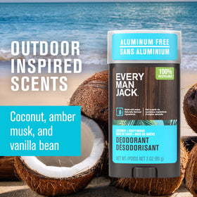 Déodorant Every Man Jack posé sur une surface en bois avec des éléments naturels