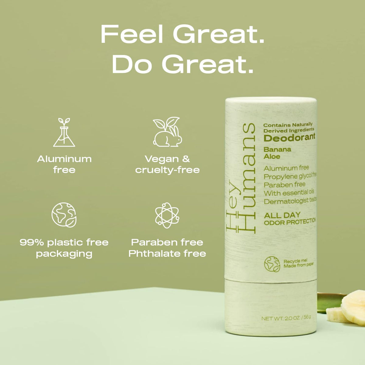 Déodorant HEY HUMANS Banana Aloe 91g packaging recyclable