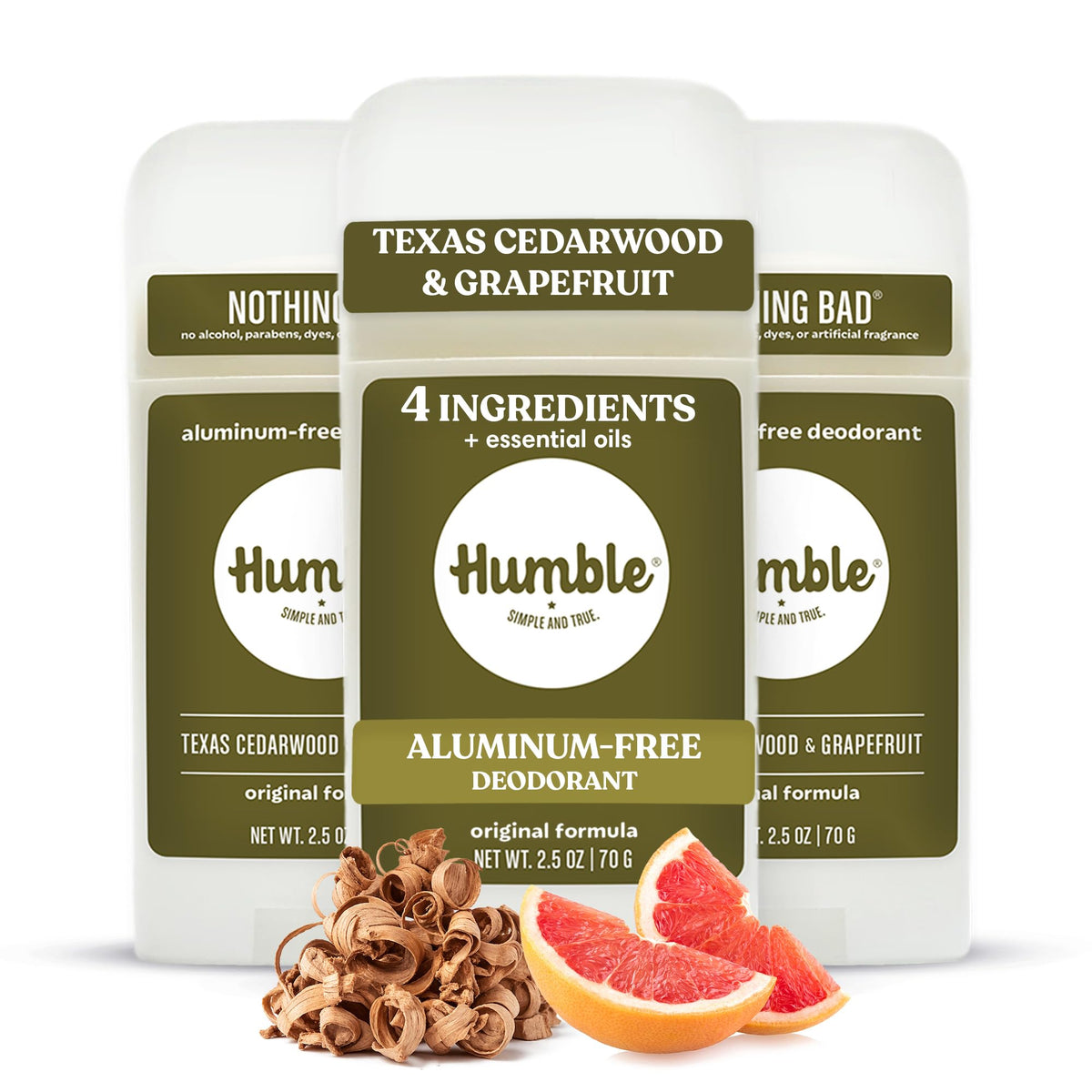 Déodorant HUMBLE 3 pack vue de face avec parfum Cèdre du Texas et Pamplemousse