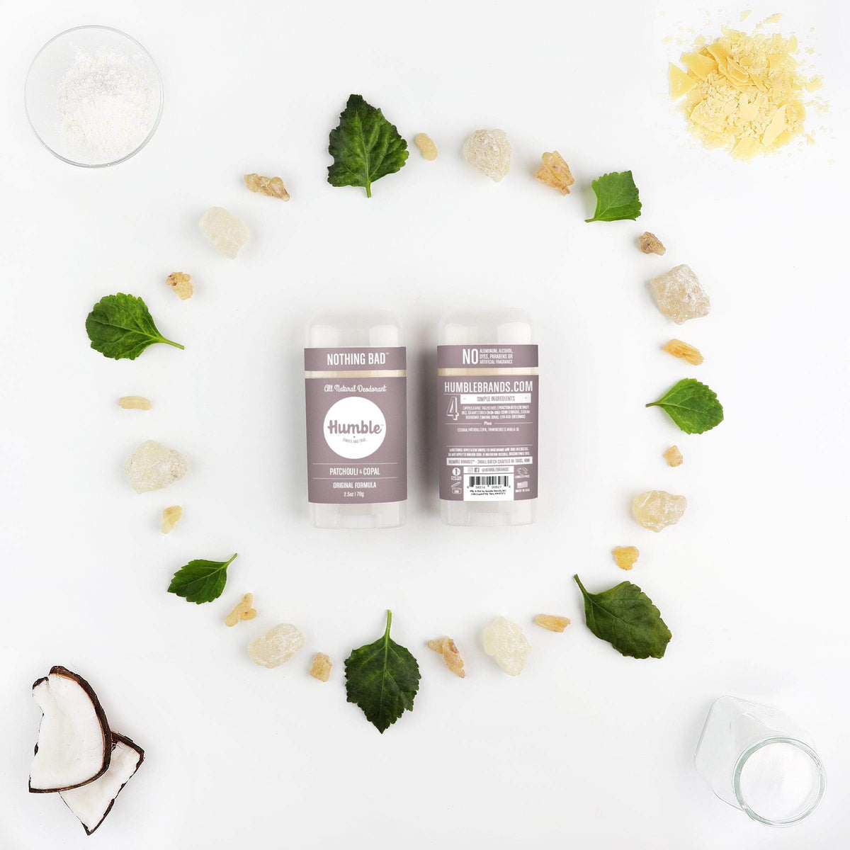 Déodorant HUMBLE SIMPLE AND TRUE. Patchouli Copal 2,5 OZ étiquette