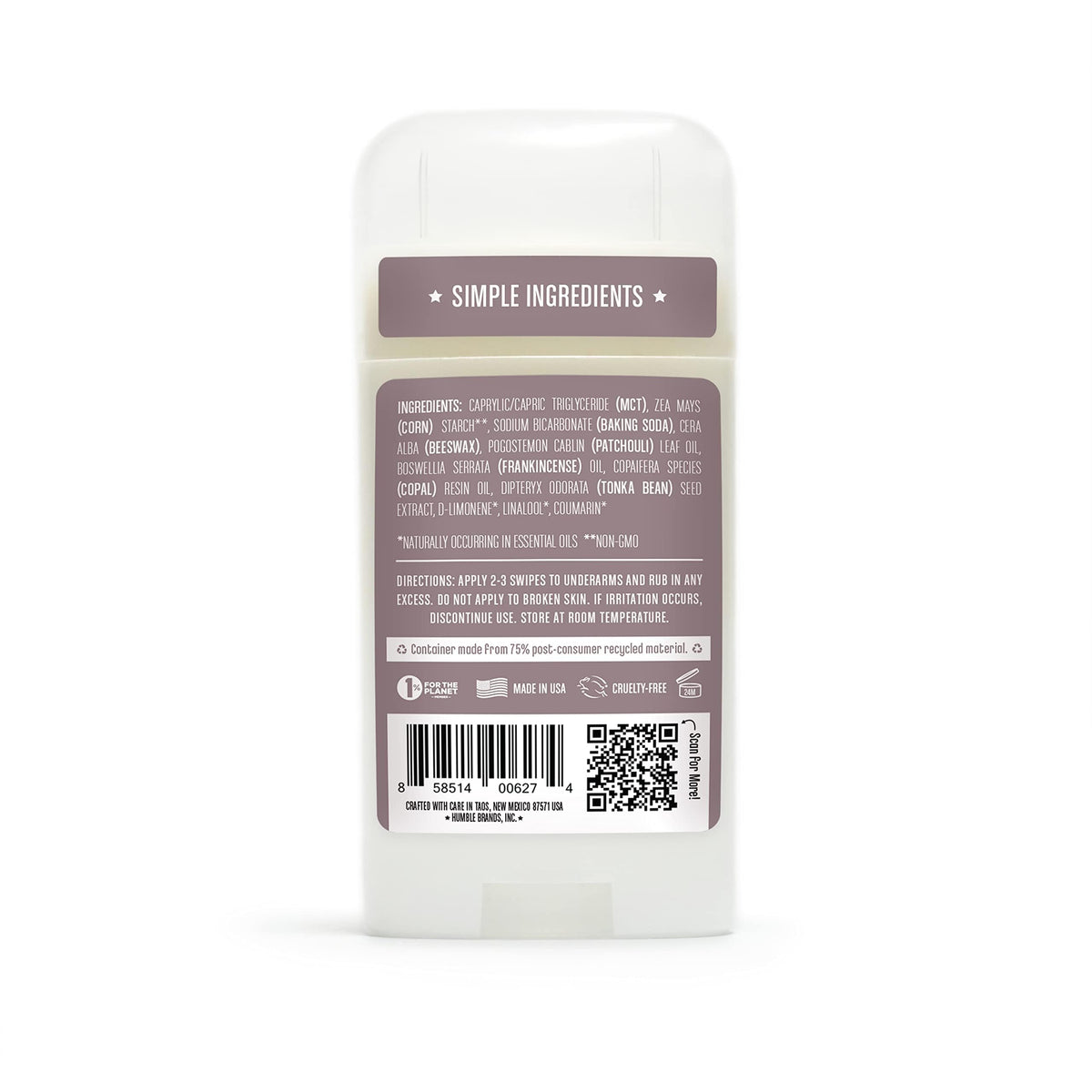 Déodorant HUMBLE SIMPLE AND TRUE. Patchouli Copal 2,5 OZ vue arrière