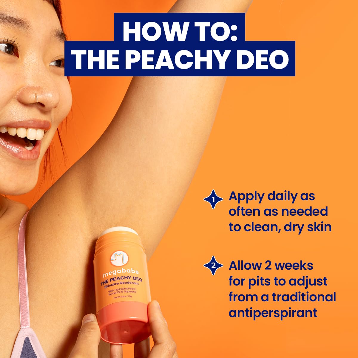 Déodorant Megababe Peachy Deo 72H sur un fond de fruits