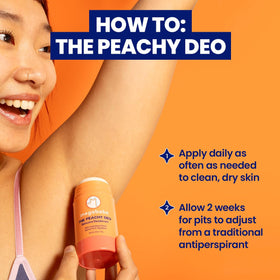 Déodorant Megababe Peachy Deo 72H sur un fond de fruits