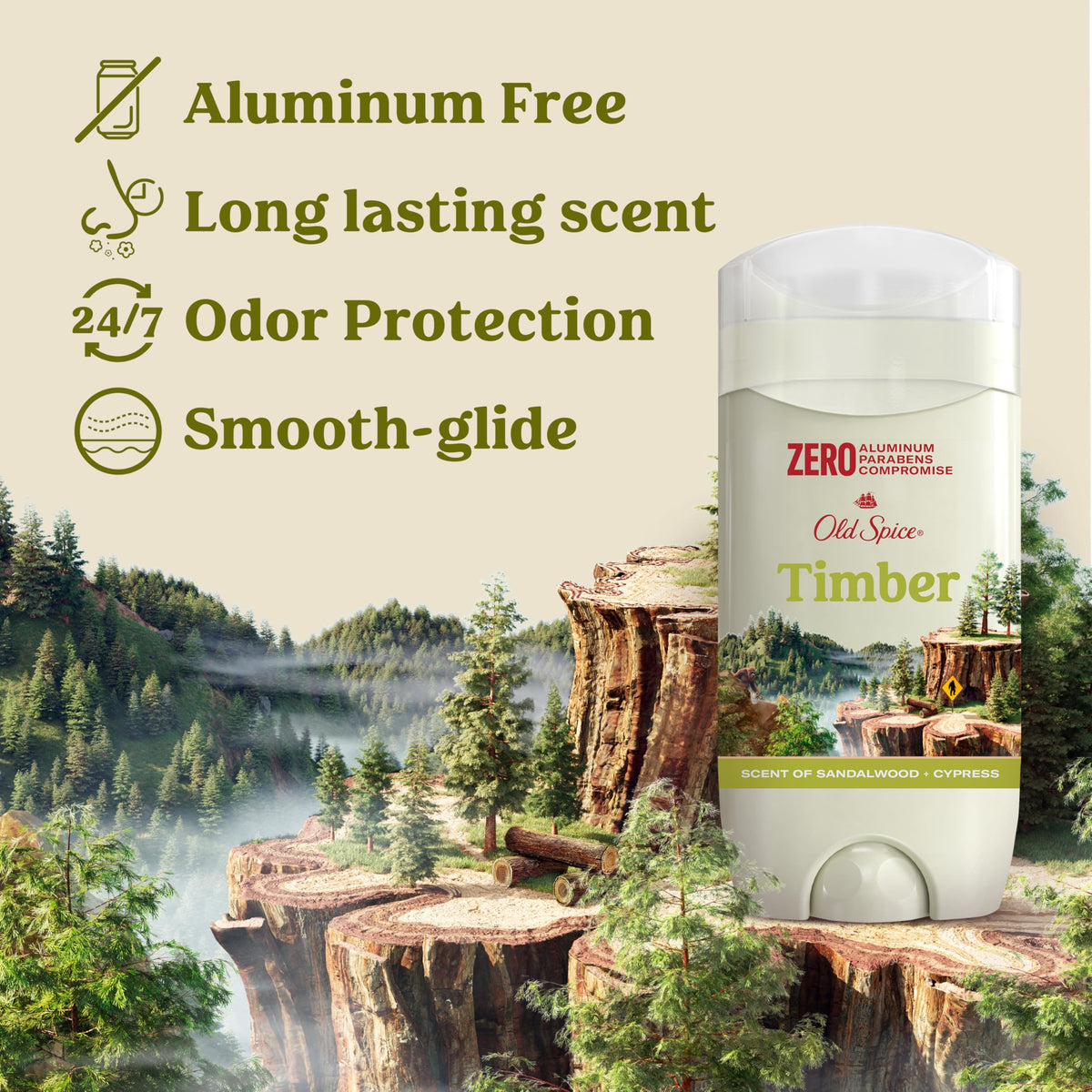 Déodorant Old Spice Timber 85g vue de côté montrant la texture du produit