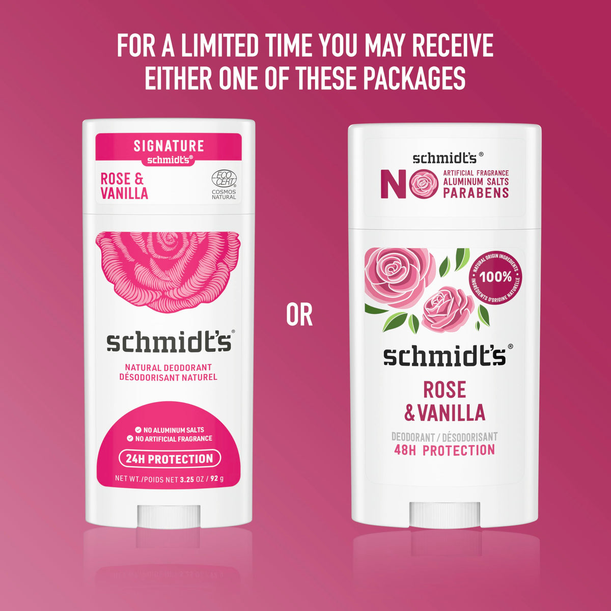 Déodorant Schmidt's Rose & Vanille sur une surface propre