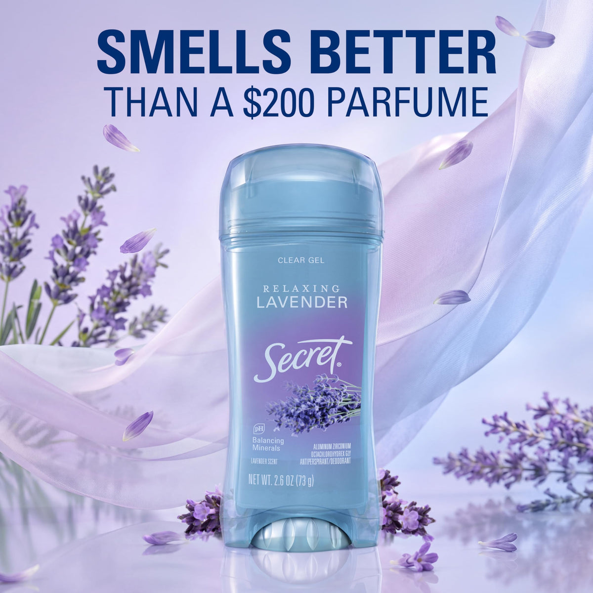 Déodorant Secret 72h en gel transparent à côté de fleurs de lavande