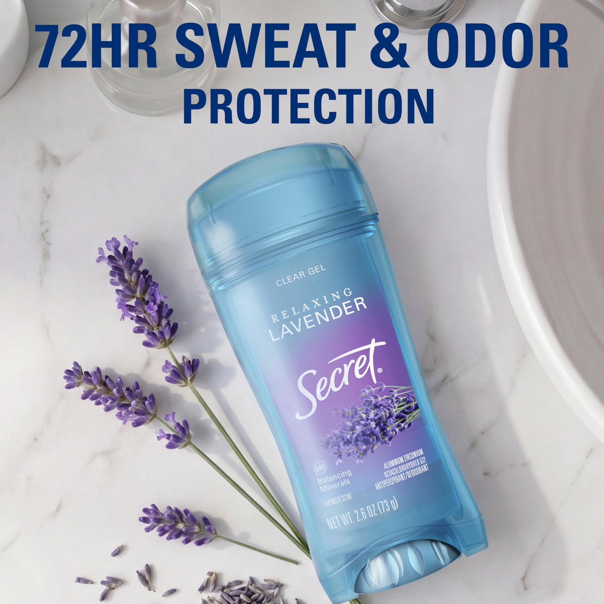 Déodorant Secret 72h gel transparent ouvert montrant le produit