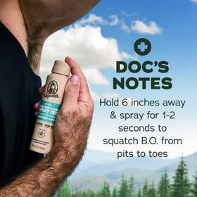 Déodorant spray Dr. Squatch en gros plan sur le flacon