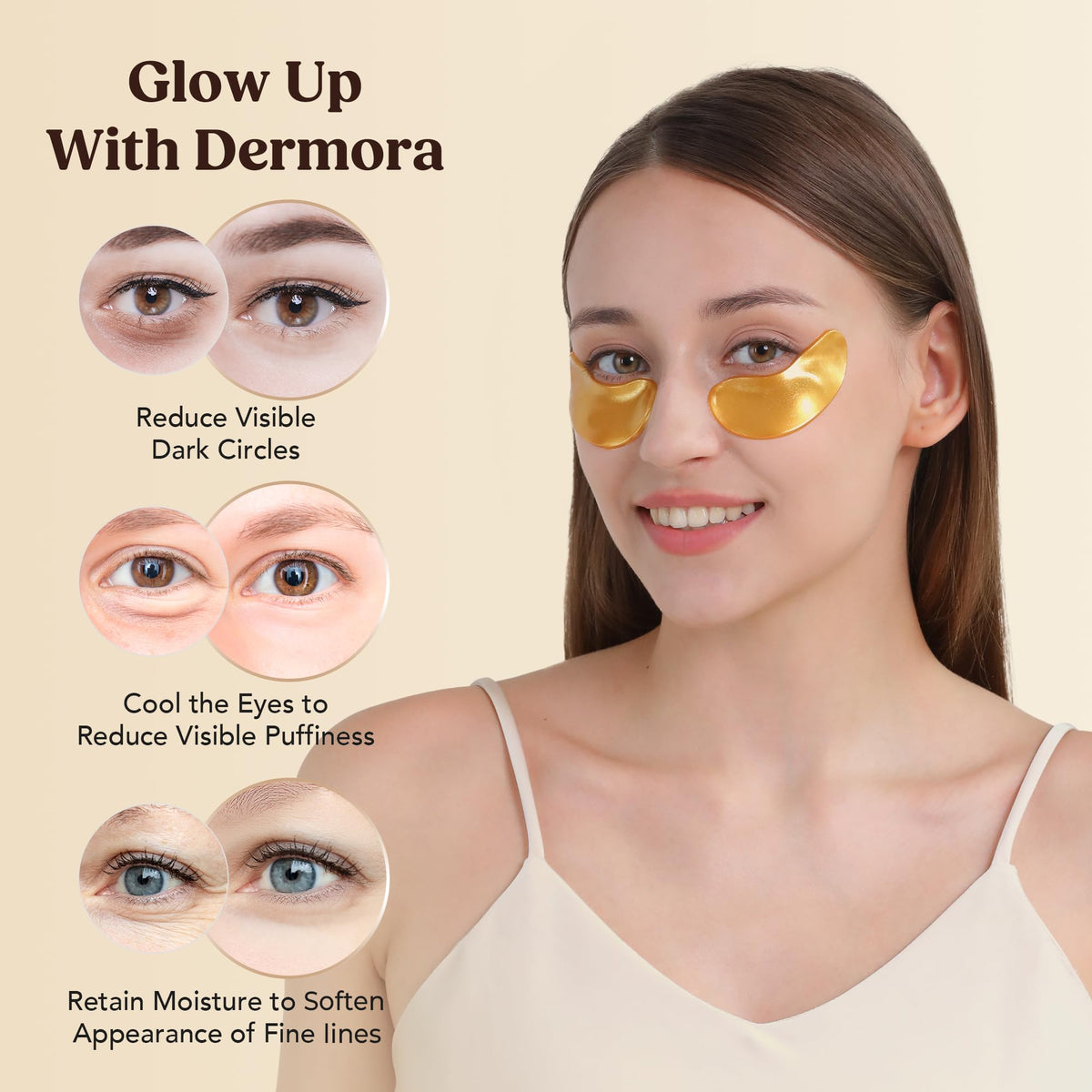 DERMORA patches contour des yeux éclat doré, application sur un visage