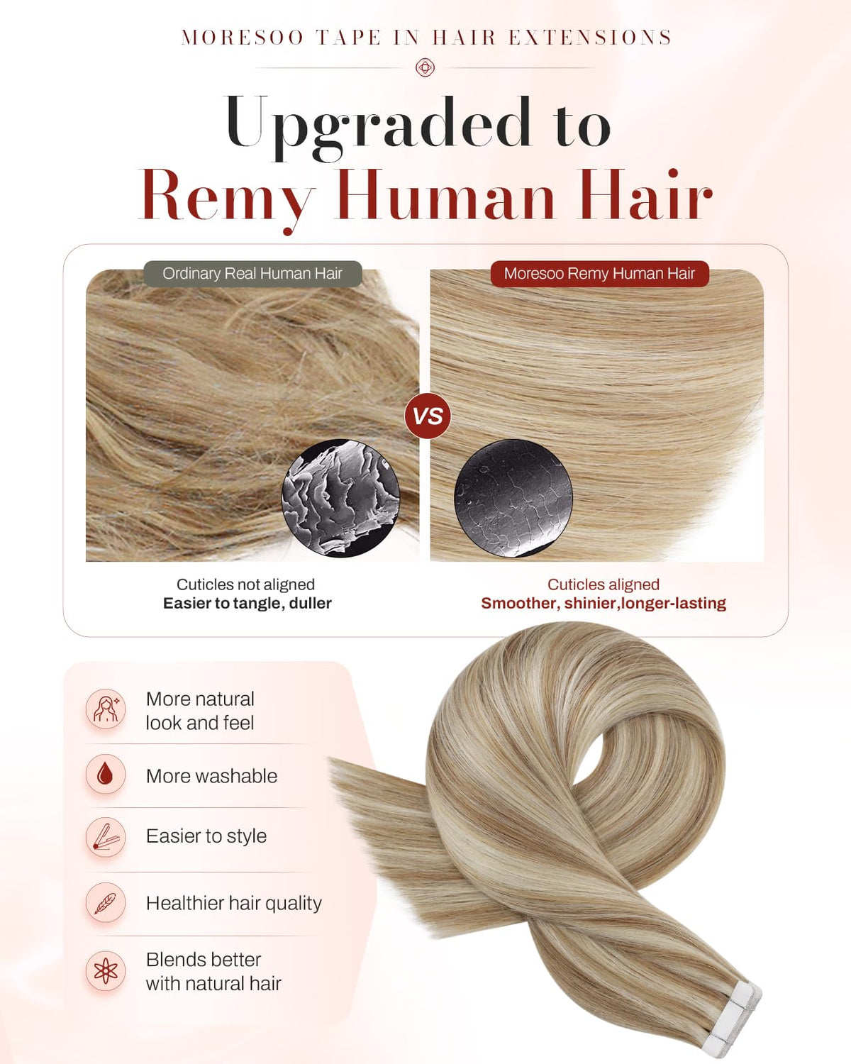 Détail de l'adhésif des extensions de cheveux Moresoo