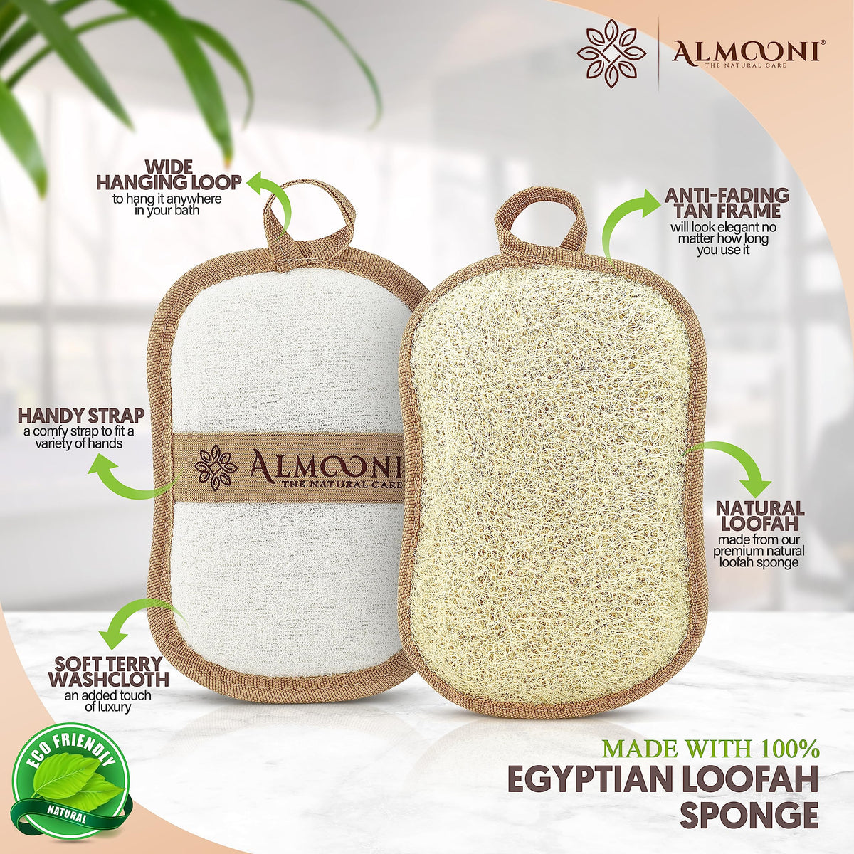 Détail de l'éponge de loofah naturelle ALMOONI avec texture