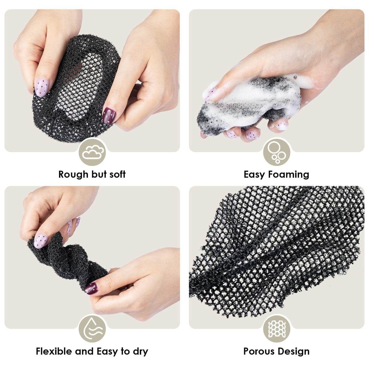 Détail de l'éponge exfoliante INNERNEED en maille nylon