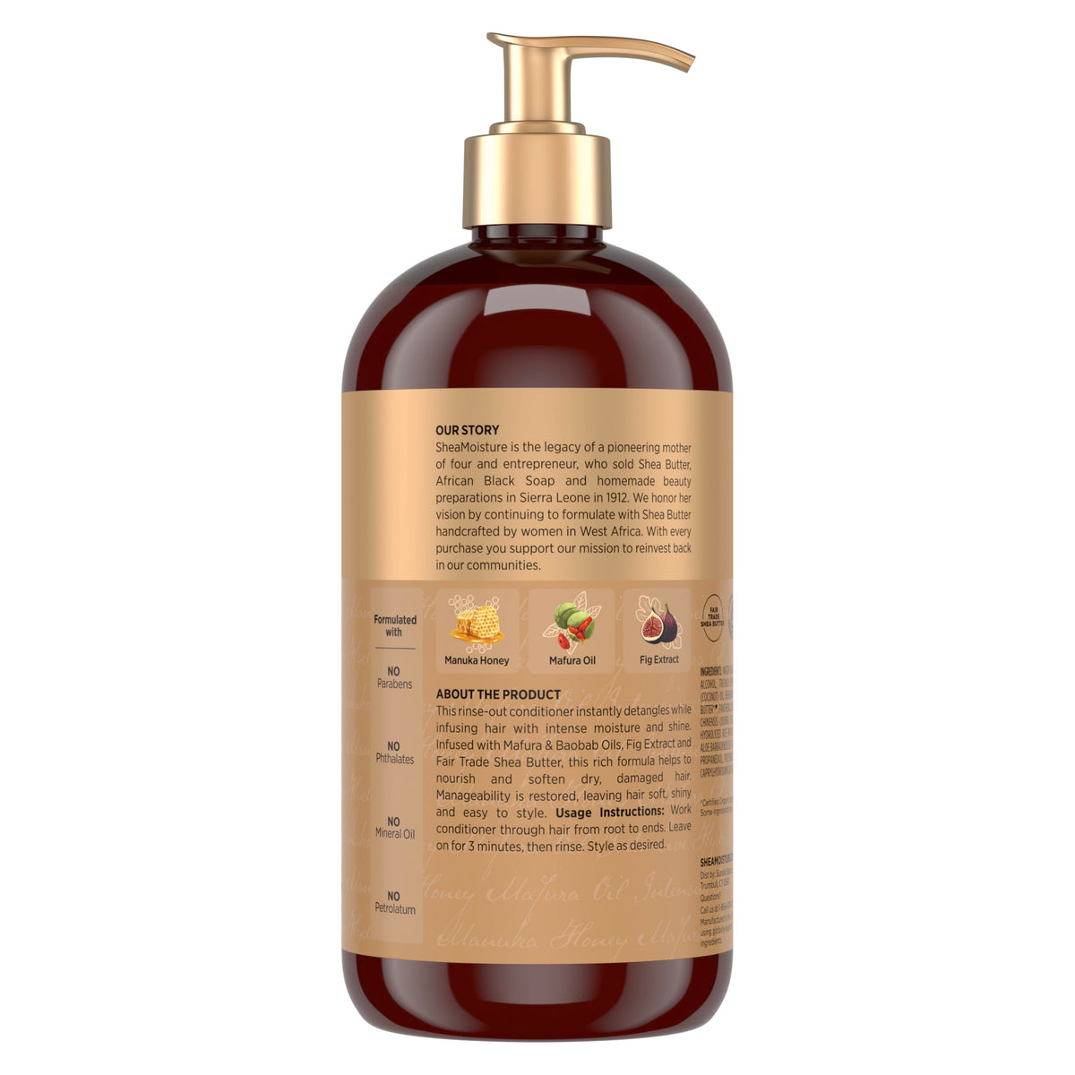 Détail de l'étiquette de l'après-shampoing Shea Moisture Miel Manuka
