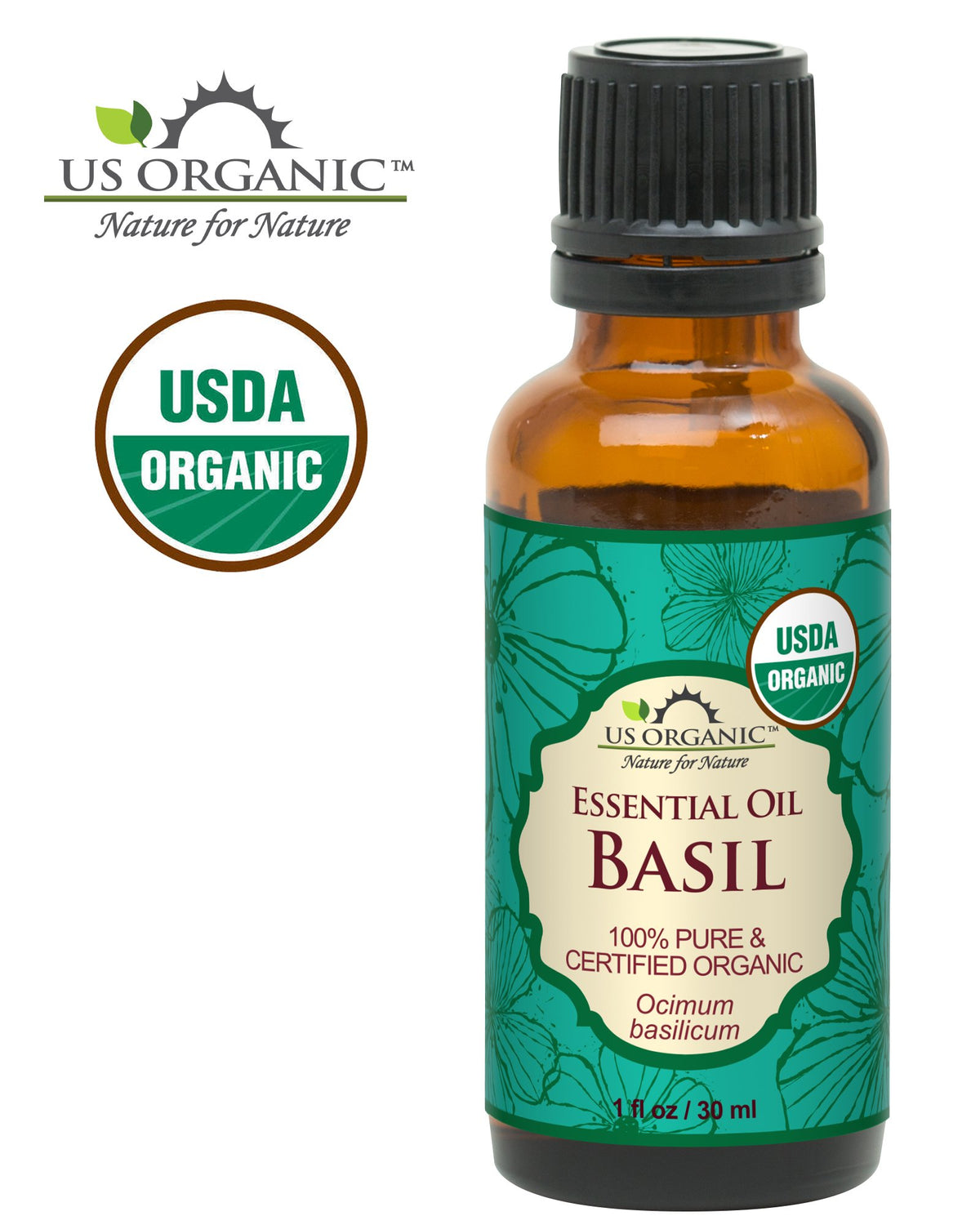 Détail de l'huile essentielle de basilic US Organic sur une surface en bois