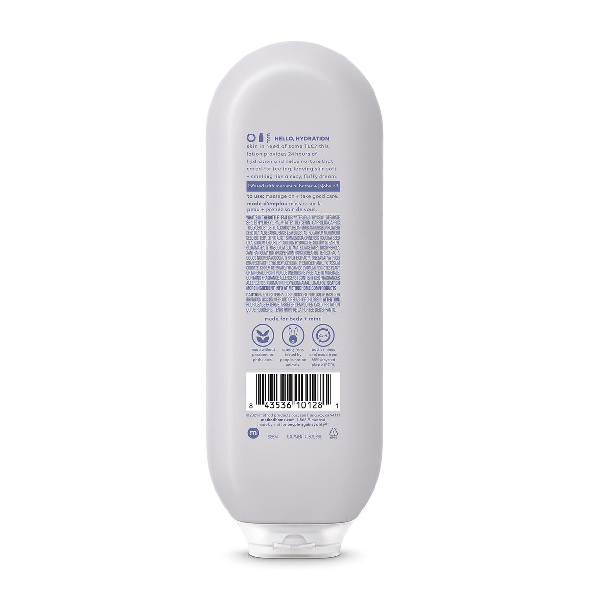 Détail de la bouteille de lotion Method Simply Nourish avec capuchon