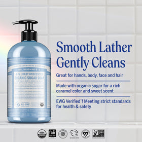 Détail de la bouteille de Savon Sucre Bio Dr. Bronner's